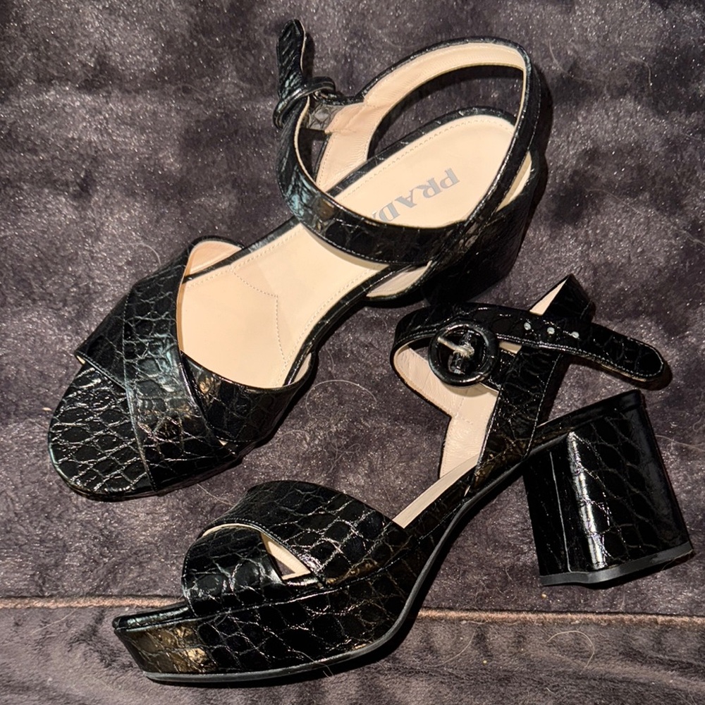 Prada Black Croc Embossed Platform Sandals